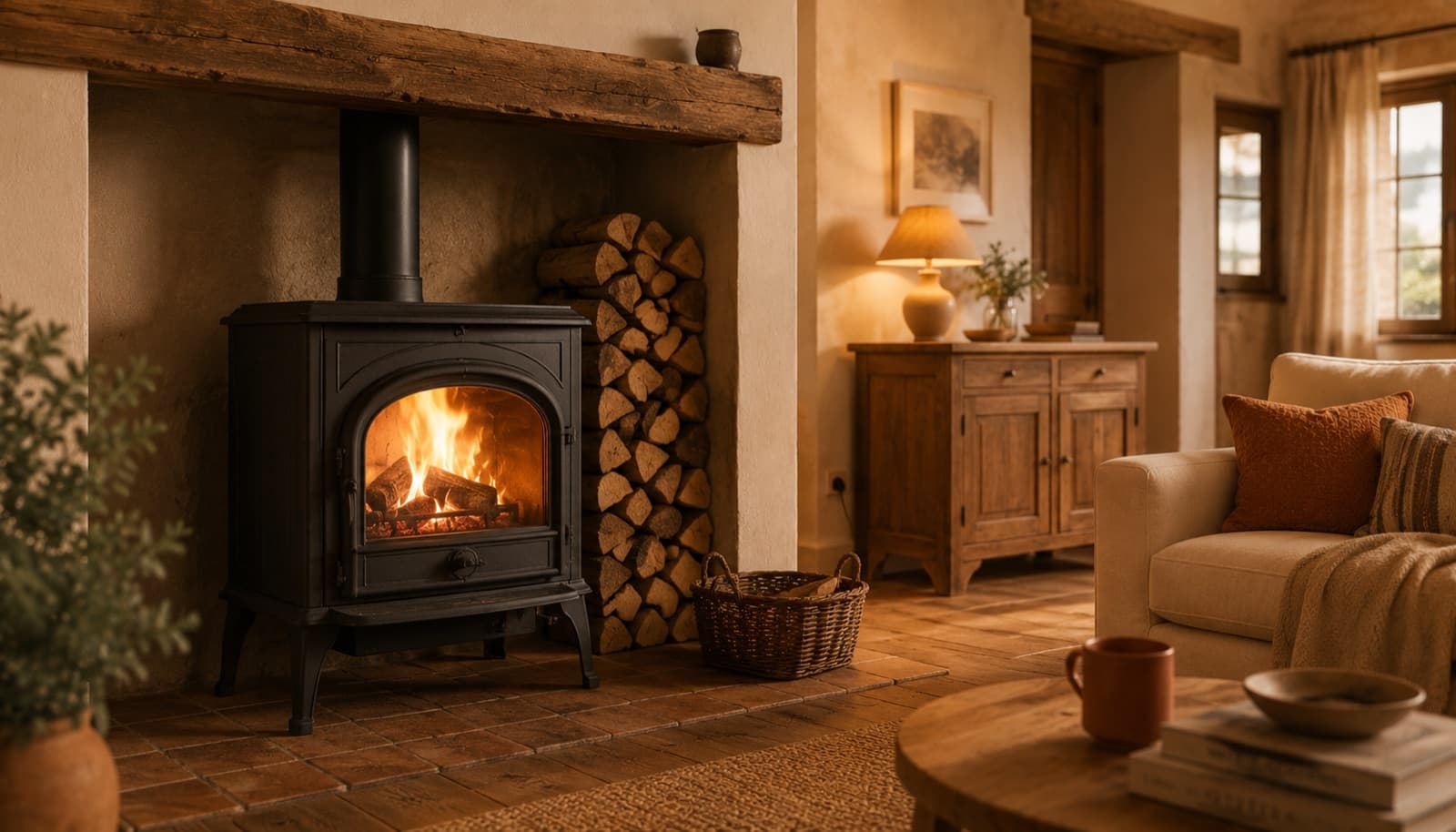 Poêle à bois installé dans un séjour chaleureux