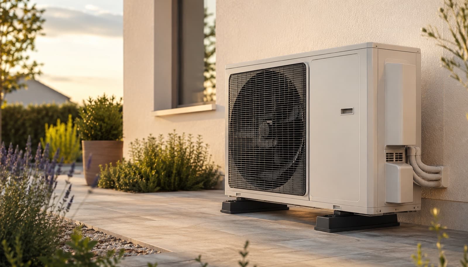 Unité extérieure d'une pompe à chaleur air/eau installée contre le mur d'une maison